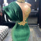 Emerald Green Evening Dresses High Neck Appliques Gold Lace Mermaid Prom Dresses Sexy Formal Velvet Party Gowns    cg19494