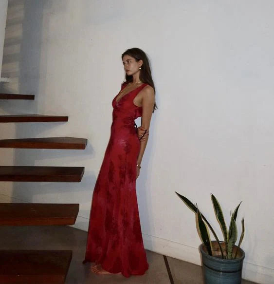 Elegant V-Neck Rose Print Dress Women Sleeveless Evening Party Vintage Evening Dress  cg25380