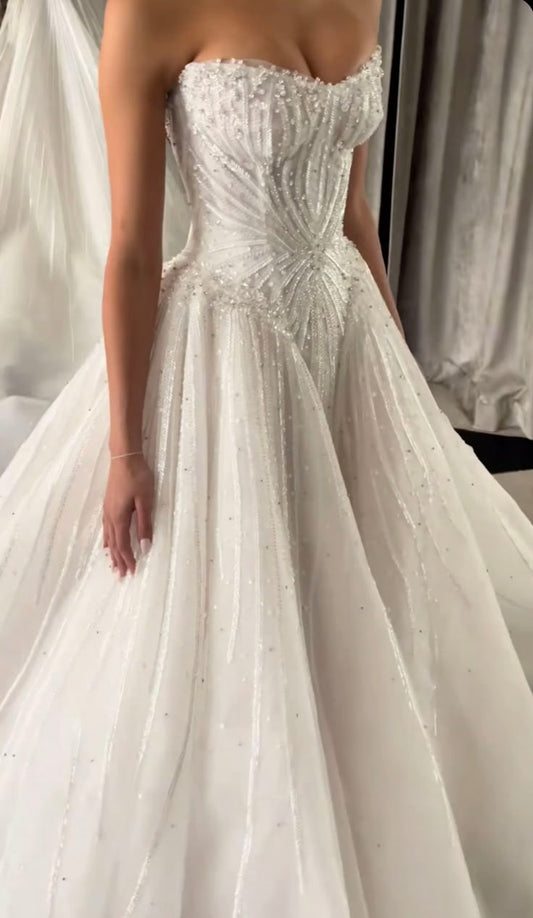 A Line Strapless Elegant Wedding Dress Tulle Sequin Long Bridal Gowns    cg25457