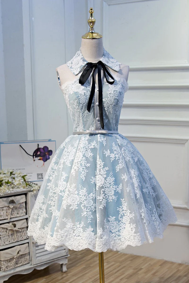 Halter Light Sky Blue Lace Appliques Homecoming Dresses with Lace up, Cocktail Dresses cg3664