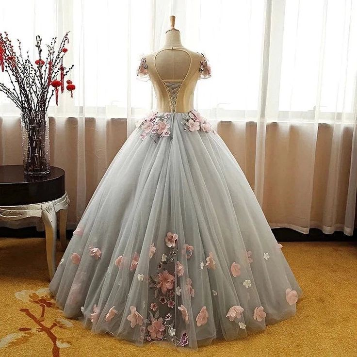 Grey Ball Gown 3D Flowers Princess Party Gown, Sweet 16 Formal prom Dress        cg23031