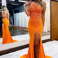 One-Shoulder Orange Beaded Stars Long Prom Dress with Slit      cg24924