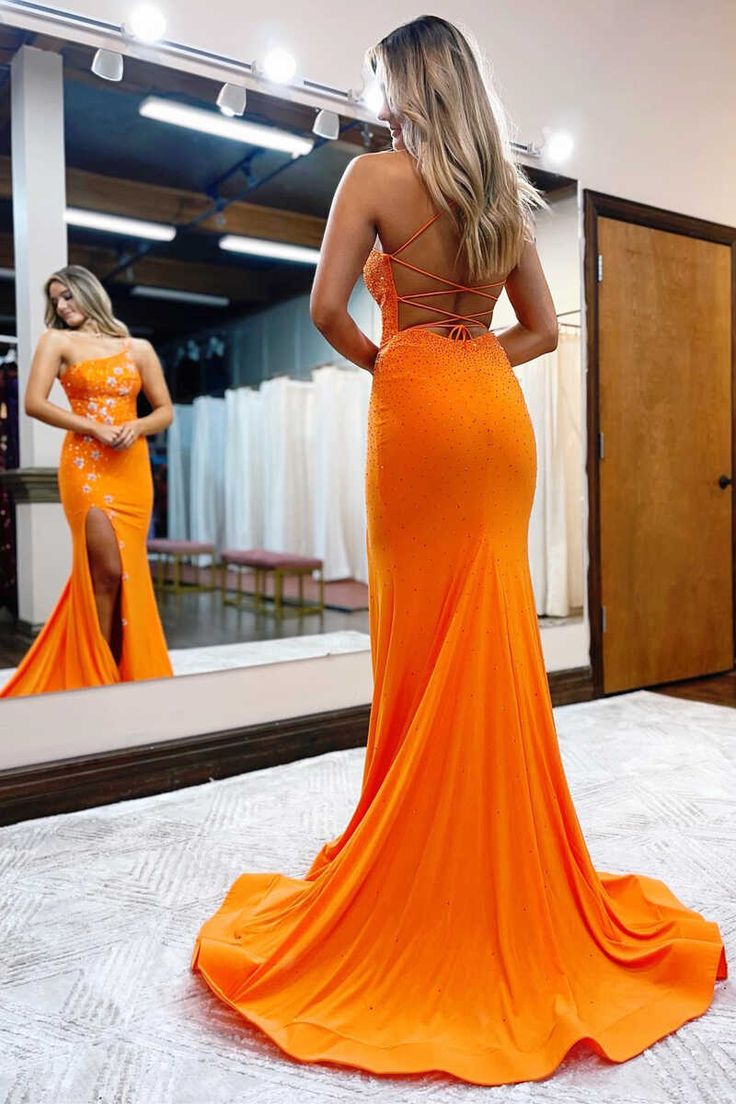 One-Shoulder Orange Beaded Stars Long Prom Dress with Slit      cg24924