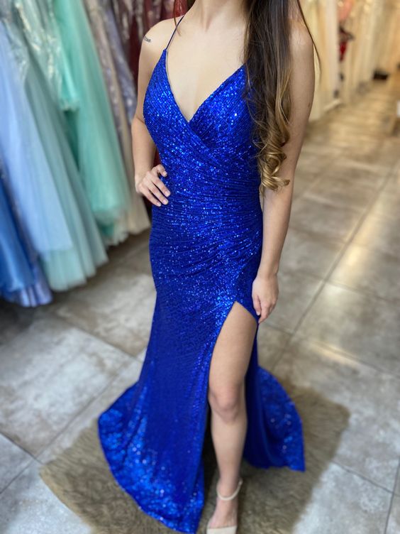 Royal blue mermaid spaghetti straps long prom dress sequin prom dresses custom made evening formal gown    cg24940