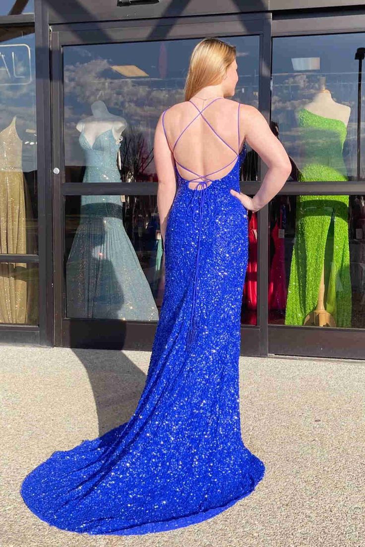 Sparkle Royal Blue Sequins Long Prom Dress with Slit  cg24958