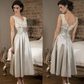 Vintage V Neck Tea Length Silver Occasion Dress with Pleated Cummerband Sexy V Neck Lace Prom Dresses   cg10865