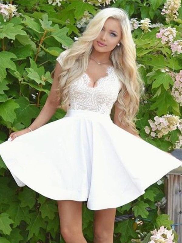 Off White Lace Short Sleeve Open Back Homecoming Dresses cg1001