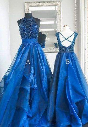 Blue high neck tulle beads long prom dress, blue evening dress, blue formal dress cg1011
