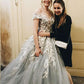 Gray tulle lace long prom dress, gray tulle lace applique long evening dress cg1023