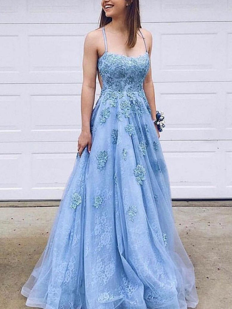 Open Back Prom Dresses with Spaghetti Straps Aline Sky Blue Long Lace Prom Dress  cg1033