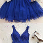 Cute A Line V Neck Tulle Beaded Royal Blue Short Homecoming Dresses with Appliques cg1059