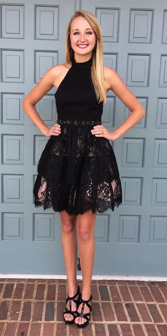 A-Line Halter Backless Short Black Homecoming Dress with Lace,Simple Homecoming Dresses cg1118