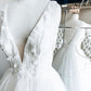 WHITE V NECK TULLE LACE LONG PROM GOWN WEDDING DRESS   cg11618