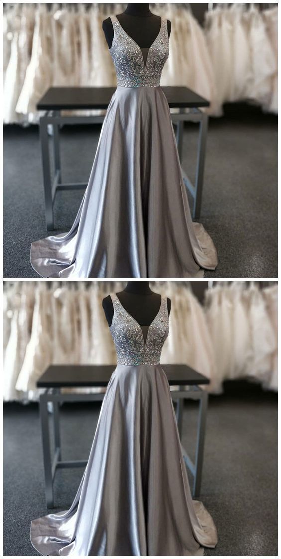 Beautiful Elegant Silver Grey Prom Dress,Beaded Evening Gowns,V Neck Formal Dress,Special Occasion Dress cg1171