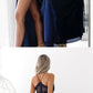 Two Piece Spaghetti Straps Floor-Length Navy Blue Prom Dress with Lace Split cg1192