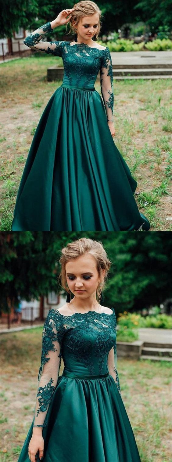 Gorgeous Prom Dress,Dark Green Prom Dress,Long Sleeves Prom Dress,Lace Prom Dress   cg12027