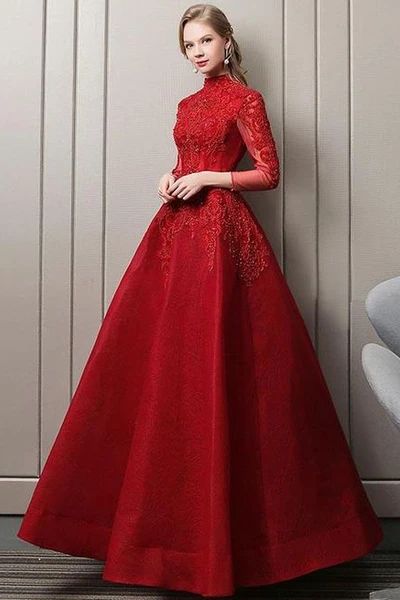 Red Party Dress A-line Prom Dress Long Sleeve Evening Dress Lace Prom Dress High Neck Formal Dress   cg12039