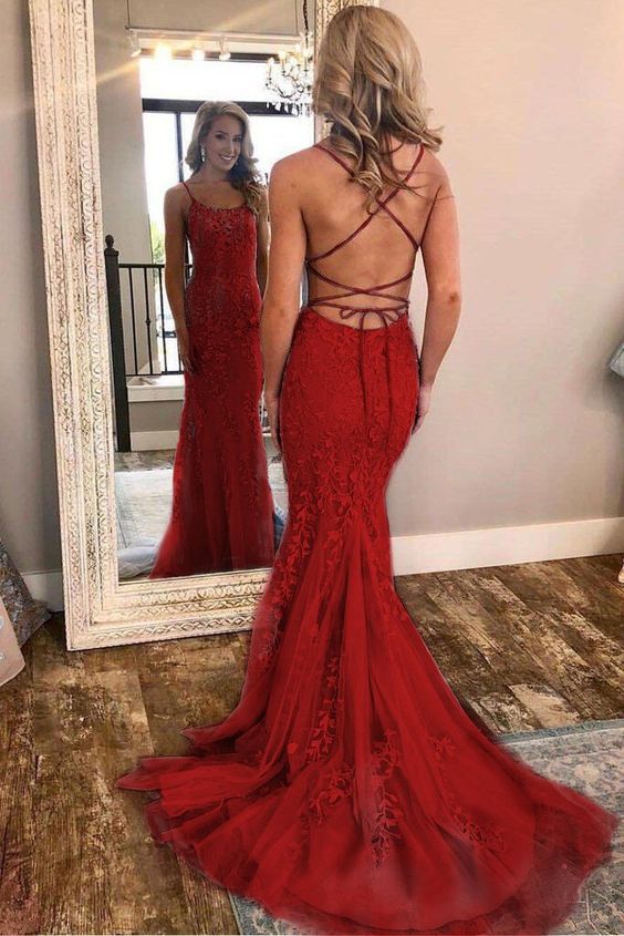 Red Spaghetti Strap Mermaid Prom Dresses with Lace Appliques Backless Formal Dress   cg12124