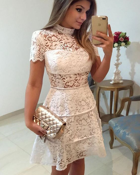 High Neck White Lace A-line Homecoming Dress with Short Sleeves cg1228