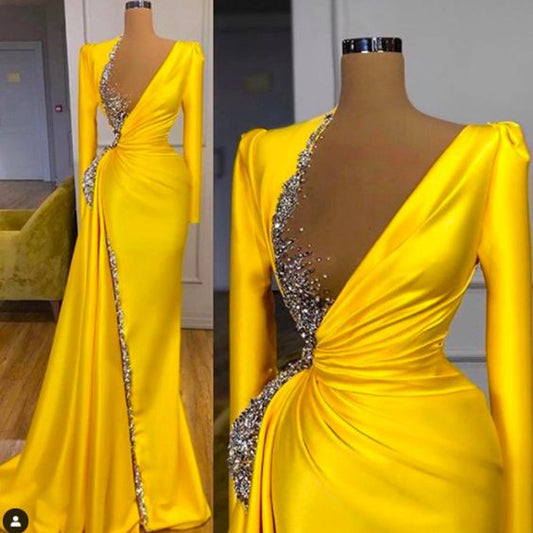 yellow prom dresses 2021 pleats crystal long sleeve a line gold long evening dresses gowns   cg12325