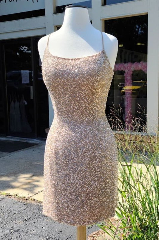sparkle tight peach cocktail dress homecoming dress with lace up back   cg12340
