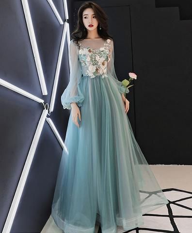 Blue round neck tulle blue long prom gown, blue evening dress cg1247