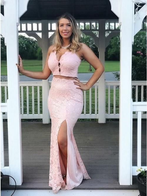 Mermaid Two-Pieces V-neck Sleeveless Split Lace Prom Dress   cg12500