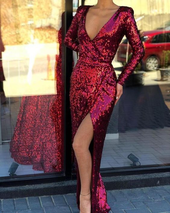 Burgundy Long Sleeves Sequin V-Neck Mermaid with Split Evening Dress/Prom Dresses cg1266