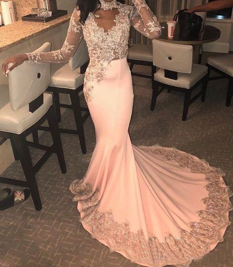 Long Sleeve Pink Mermaid Prom Dress Lace Appliques Beaded High Neck Formal Evening Dresses Party Gowns   cg12793
