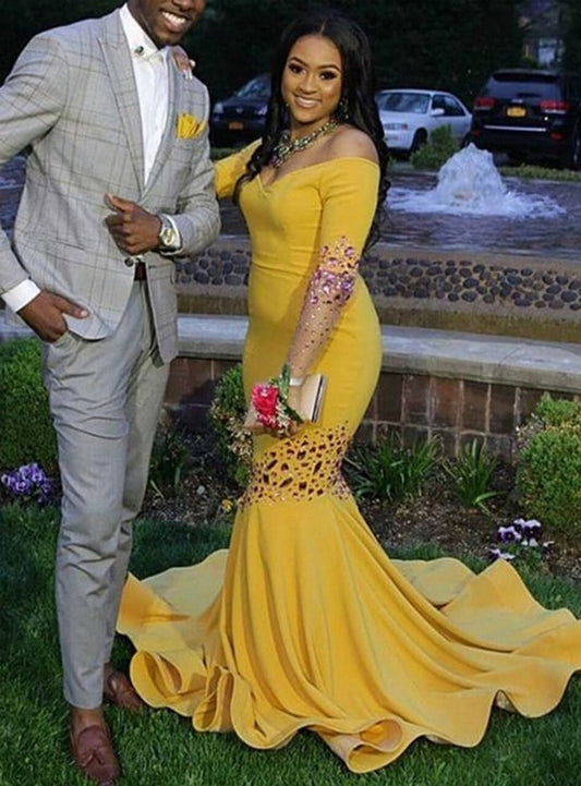 Yellow Mermaid Satin Off the Shoulder Long Sleeve Crystal Prom Dress   cg12827