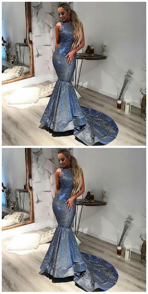 Mermaid Round Neck Sweep Train Dark Blue Sequined Prom Dress   cg12908