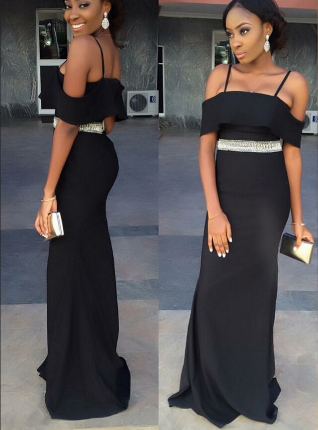 Long Cold-Shoulder Bridesmaid Dress with Beaded Waist for African Women Prom Dress   cg12921