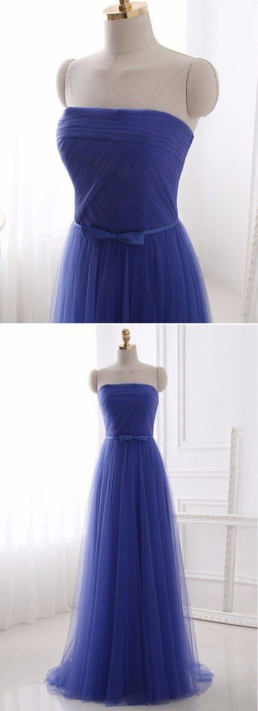 Royal Blue Tulle Strapless Long Prom Dress, Evening Dress With Bowknot   cg12927