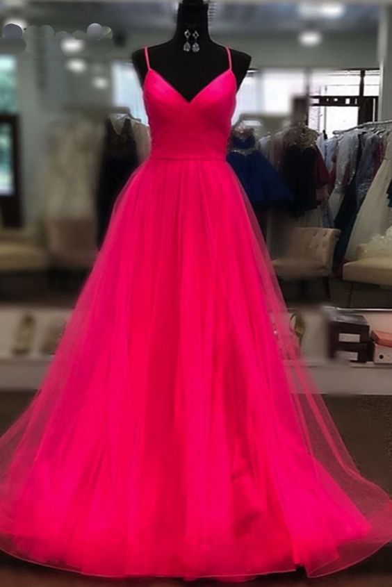 Stylish Fuchsia Coral Tulle Prom Dress Sexy Spaghetti Strap A Line Long Evening Dress Prom dress   cg12943