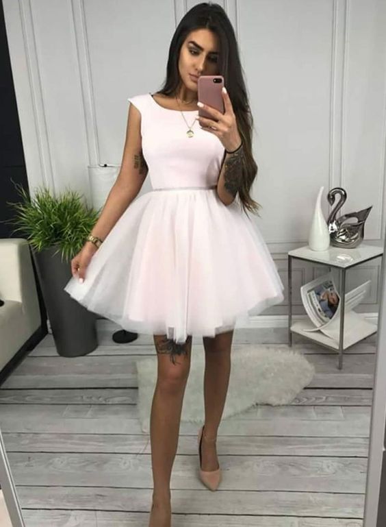 Pink round neck tulle short dress, homecoming dress  cg1295