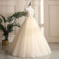 CHAMPAGNE TULLE LACE LONG PROM DRESS, FORMAL DRESS cg1297