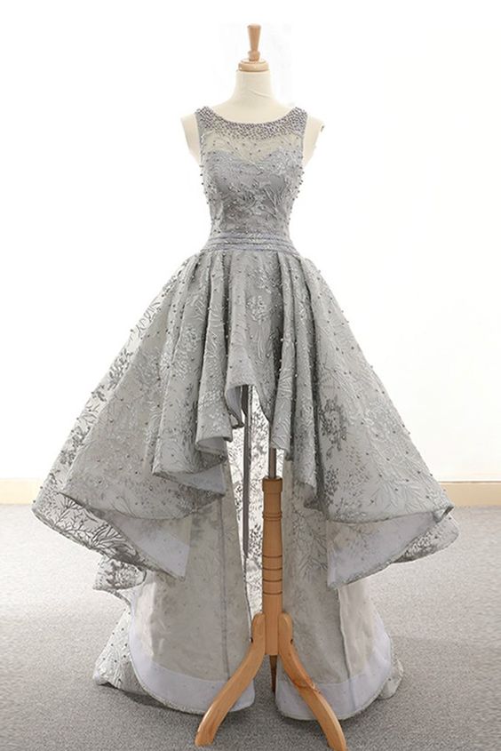 Gray lace scoop neck high low scoop neck homecoming dress, gray beaded party dress cg1302