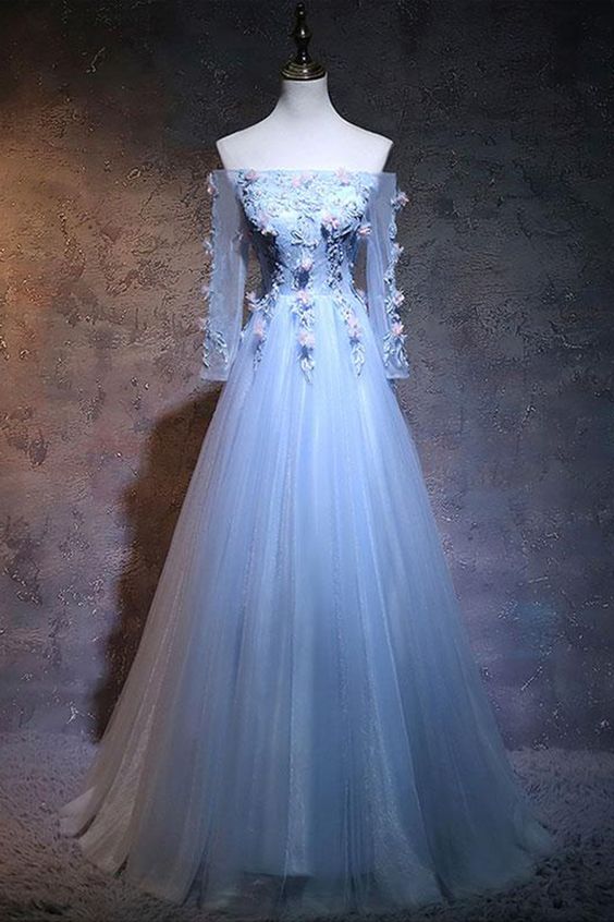 Spring blue tulle strapless long evening prom dress with sleeves     cg13033