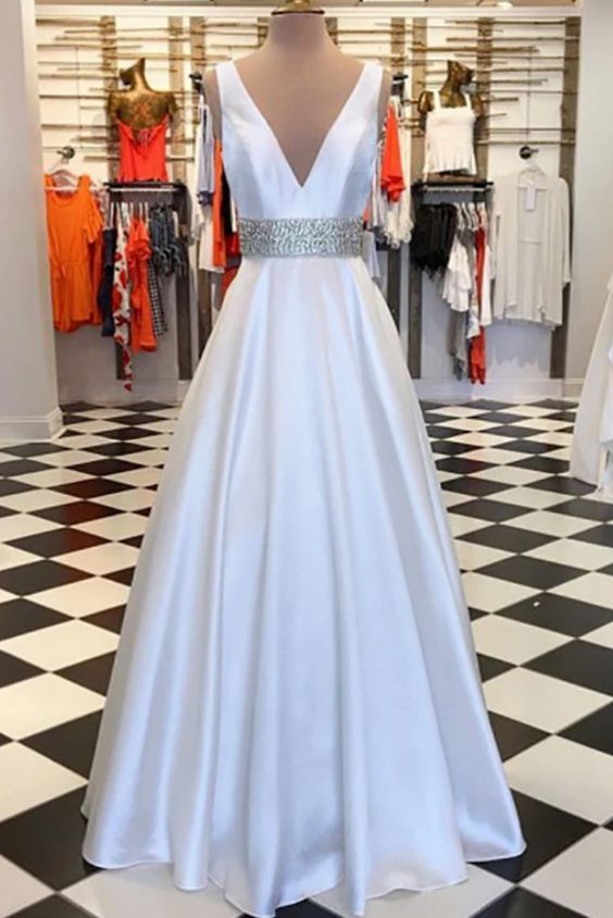 A-Line V-Neck Floor-Length White Satin Prom Dress With Beading    cg13042