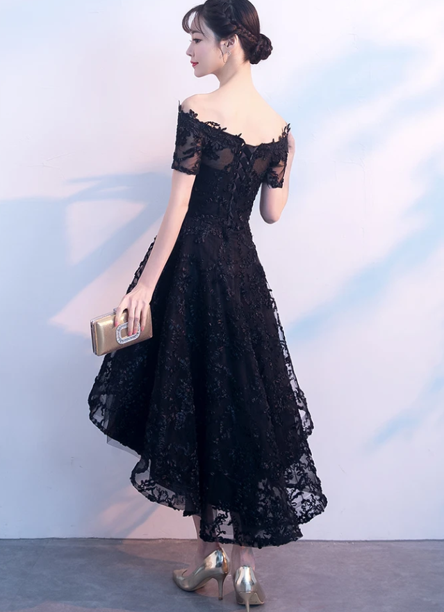 Lovely Black Lace Off Shoulder Bridesmaid Dress, Lace Off Shoulder Black Party Dress prom dress evening dress   cg13079