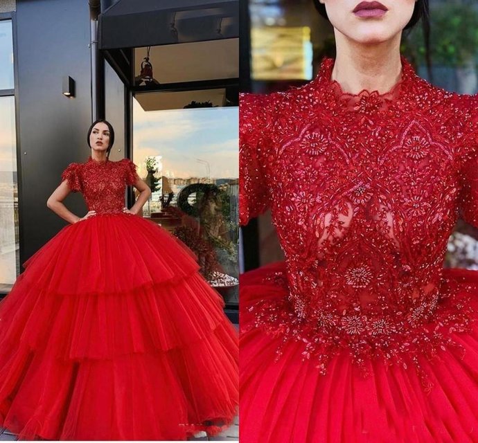 Red Quinceanera Dresses High Neck Short Sleeves Lace Appliques Crystal Beads Ball Gown Puffy Tiered Sweet 16 Party Prom Evening Gown   cg13225