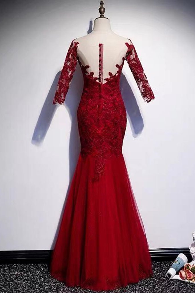 Round Neck Short Sleeves Mermaid Burgundy Lace Long Prom Dress   cg13284