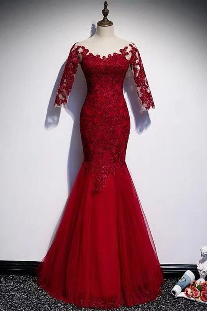 Round Neck Short Sleeves Mermaid Burgundy Lace Long Prom Dress   cg13284