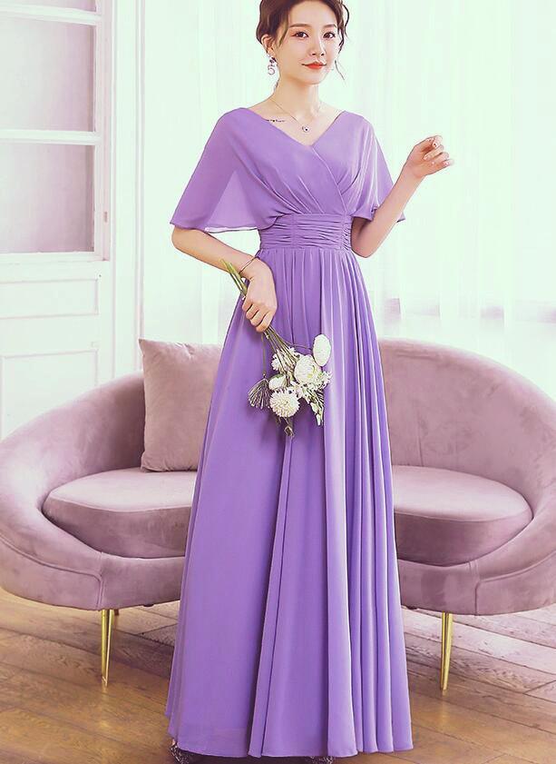Beautiful Light Purple Chiffon V-Neckline Prom Dress, A-Line Floor Length Bridesmaid Dress   cg13370