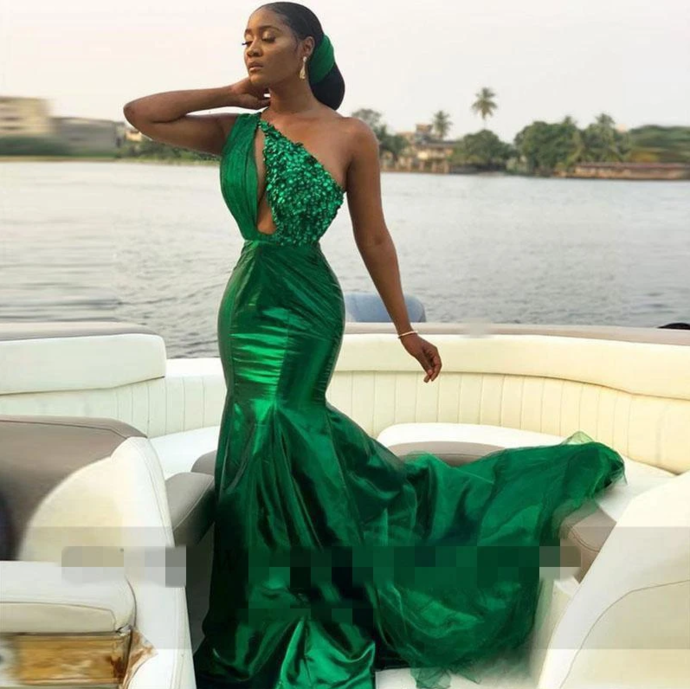2021 glaring Sexy Green One Shoulder Mermaid Evening Dresses Sequined Sweep Train Satin Tulle Plus Size Prom Gowns   cg13404