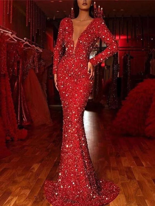 Sparkling Long Red Dress Sexy Deep V-Neck Long Sleeve Bodycon Evening prom Dress   cg13497