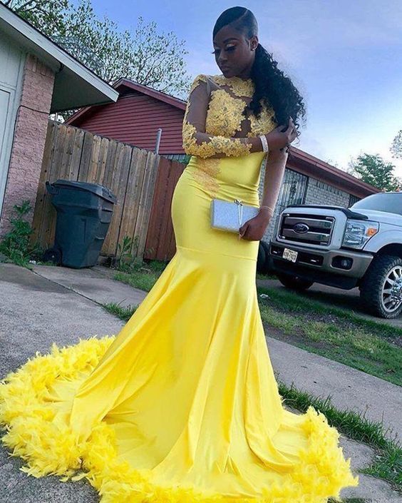 Yellow Mermaid Prom Dresses New Feathers Long Sleeves Dubai Evening Dress Elastic Satin Party Pageant Gowns   cg13541