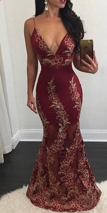 Burgundy Mermaid Prom Dresses Appliques Sexy Backless V-Neck Sheer Evening Gowns   cg13617