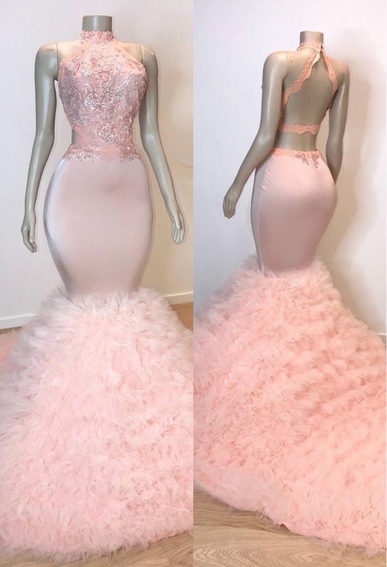 Pink Halter Sleeveless Mermaid Prom Dresses   cg13620