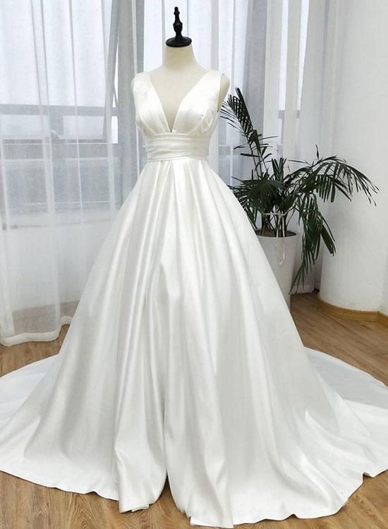 White v neck satin long prom dress, white evening dress cg1399